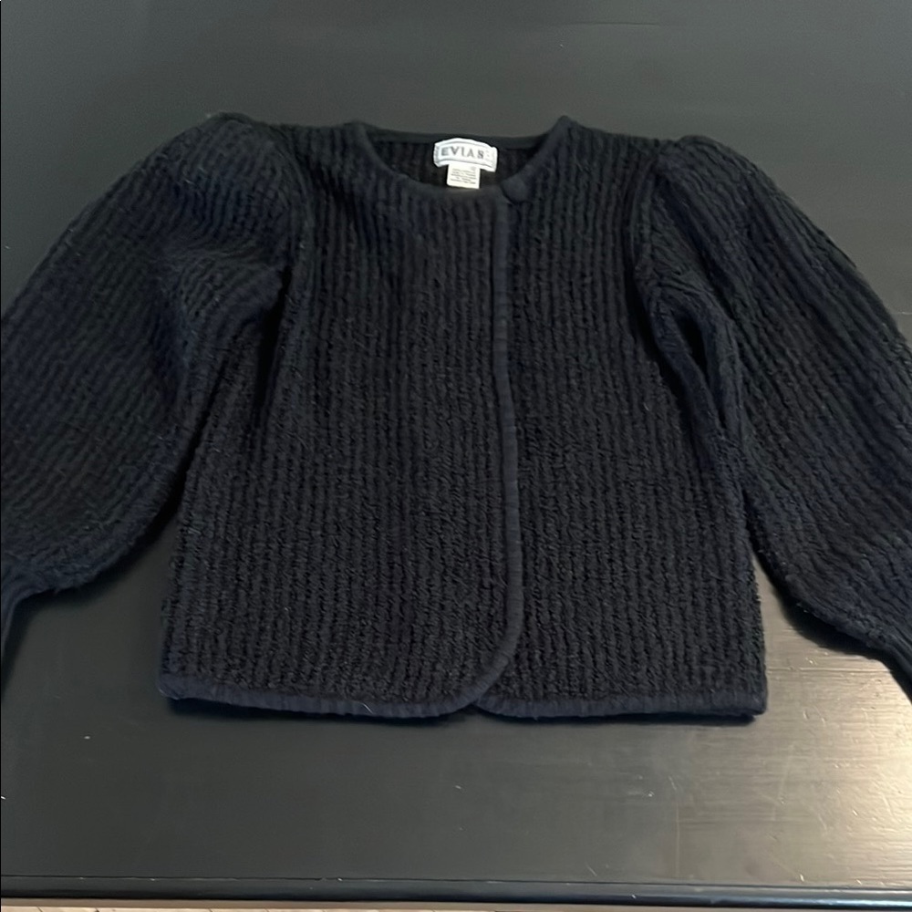 Vintage Evian Black Textured Cardigan Puff Sleeve Ribbed Knit Sweater Small - Picture 1 of 7